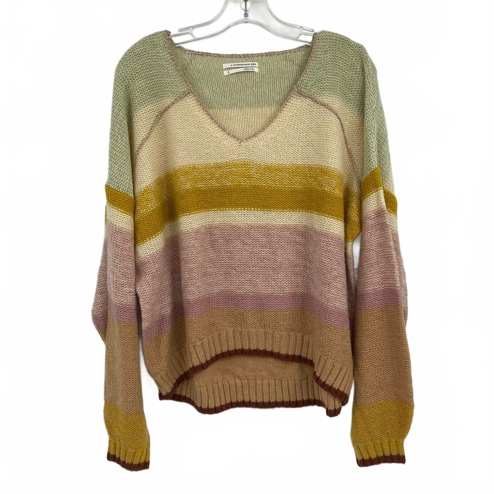 Anthropologie Green Pink Striped Pullover Sweater | Womens M
